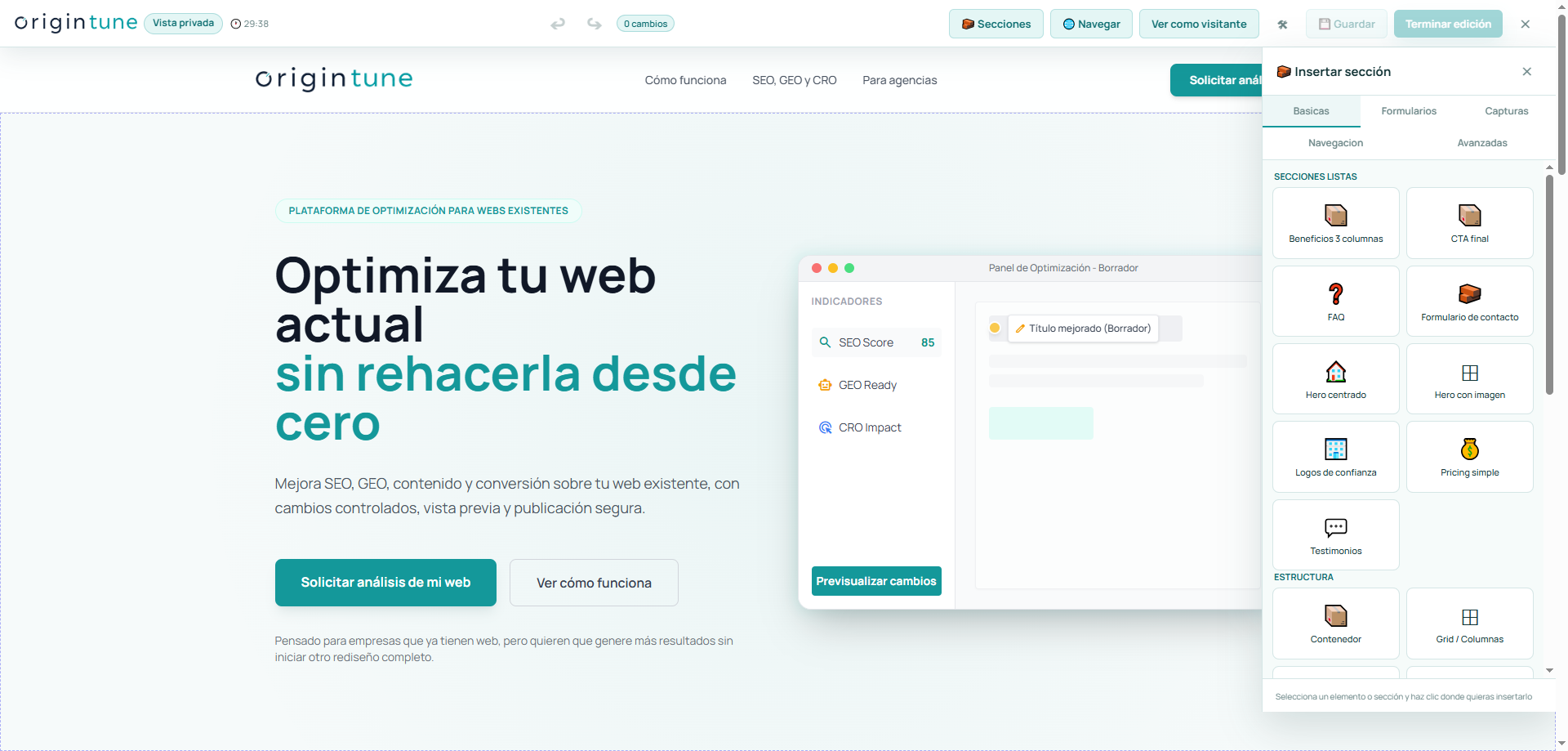 Editor visual de Origintune aplicado sobre una web existente